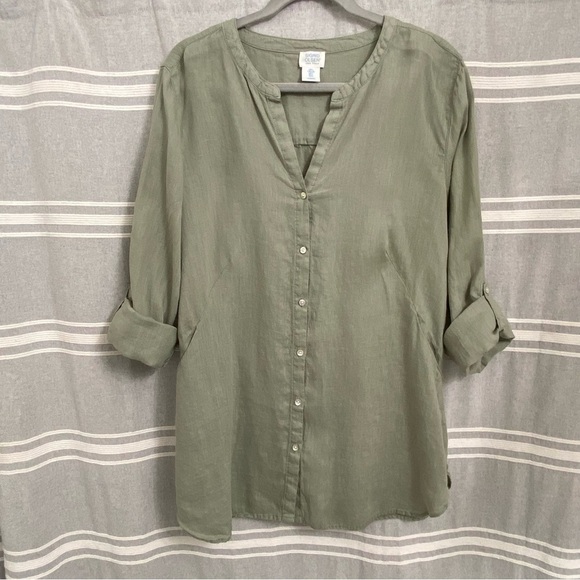 SIGRID OLSEN / Green Linen Long Sleeve Button Front Shirt Size L - Picture 1 of 12